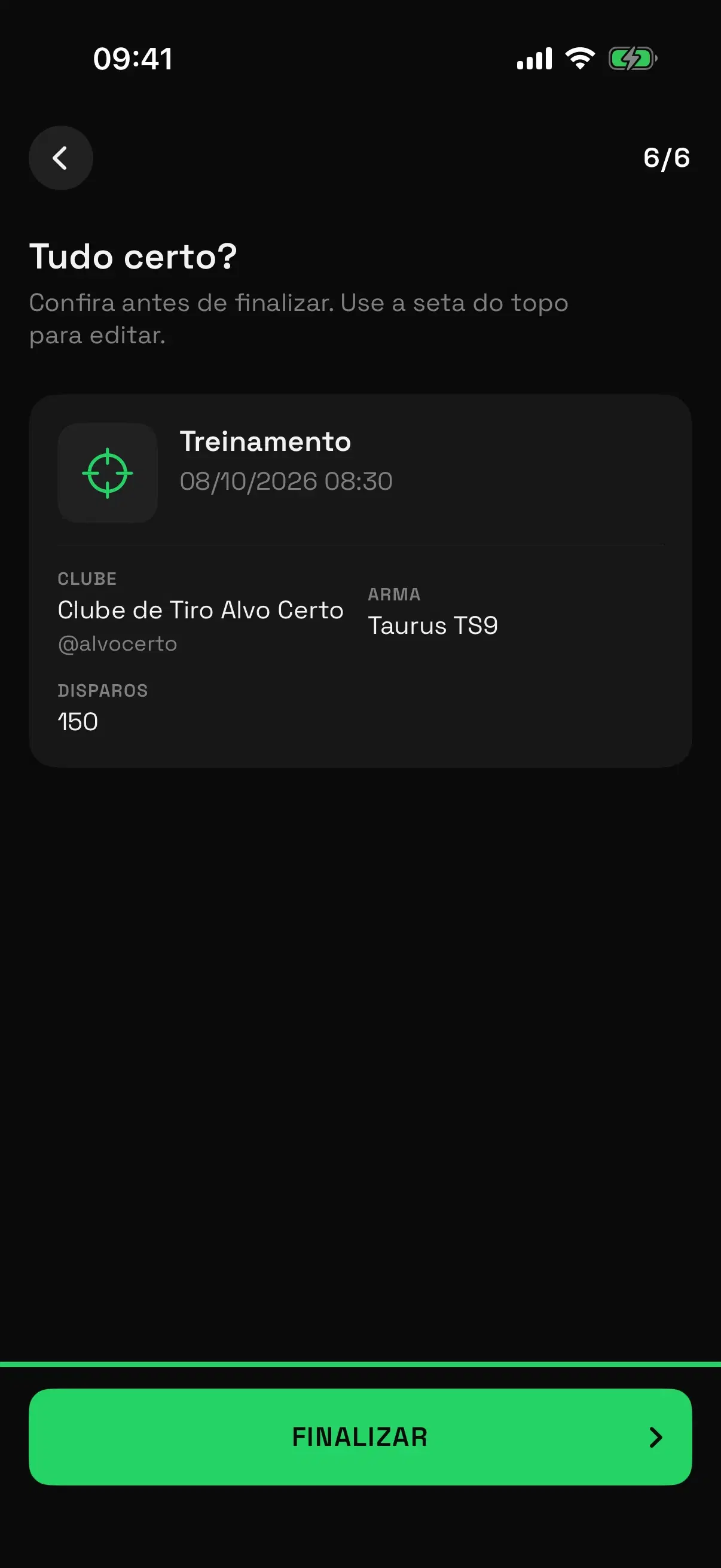 Tela de registro de habitualidade no CAC PRO: tipo, data, clube, arma e disparos.