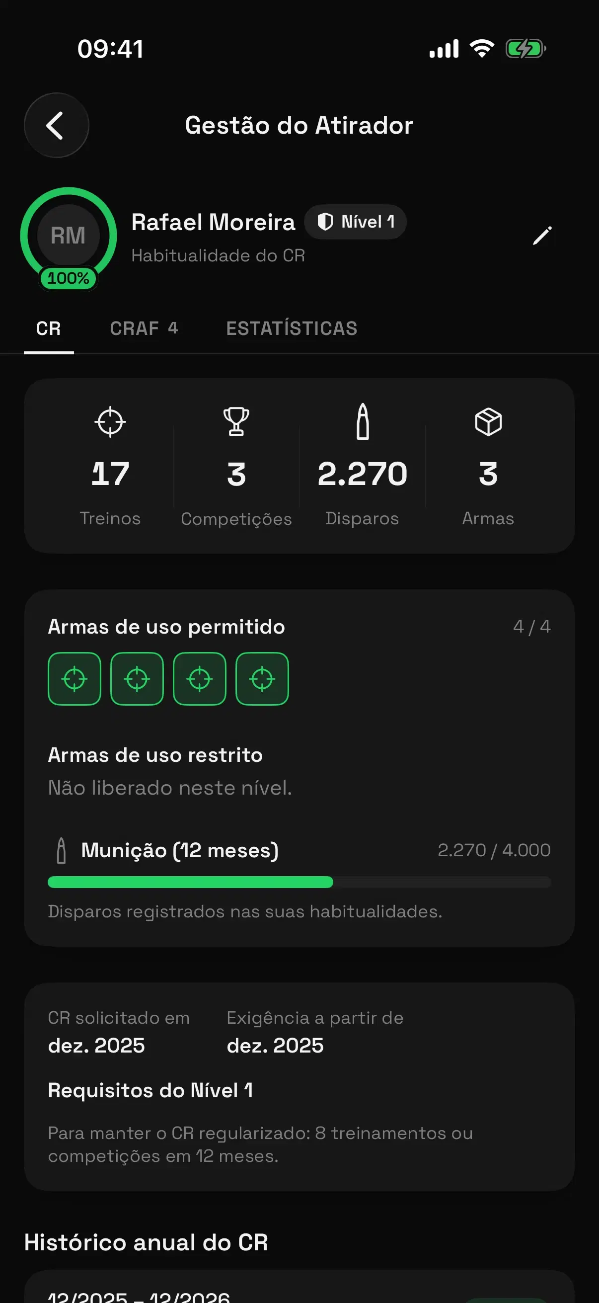 Tela de gestão de nível do CAC PRO: progresso do nível atual e o acervo permitido nele.