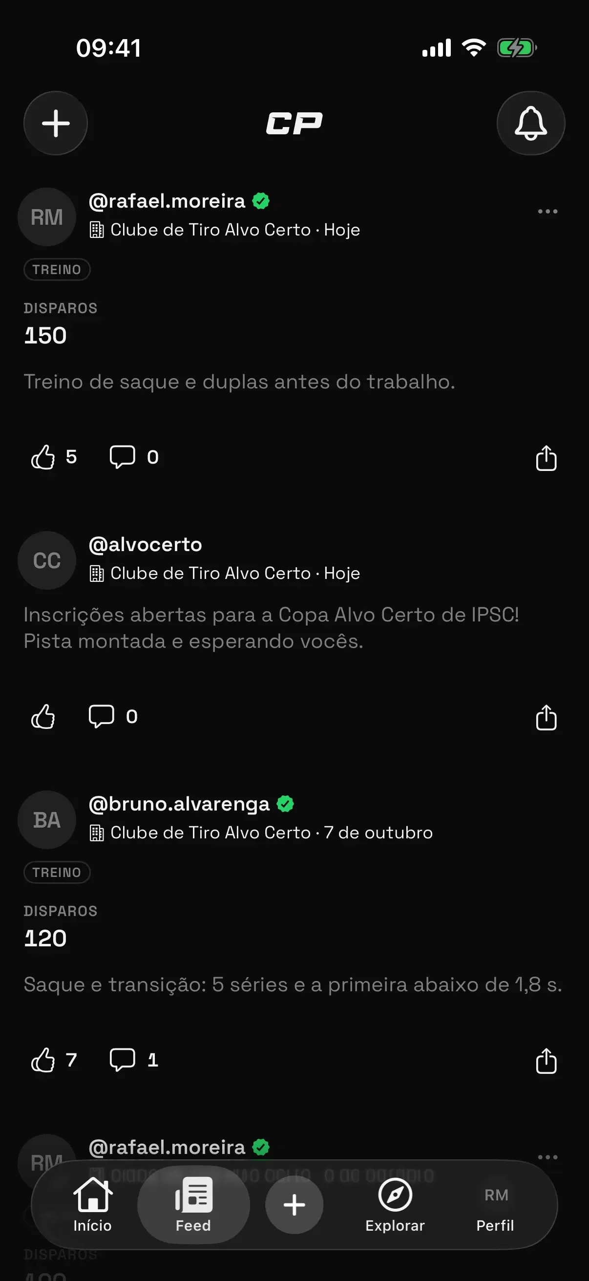 Feed do CAC PRO com treinos publicados: o clube onde foi, os disparos e o selo de quando o clube confirmou o registro.